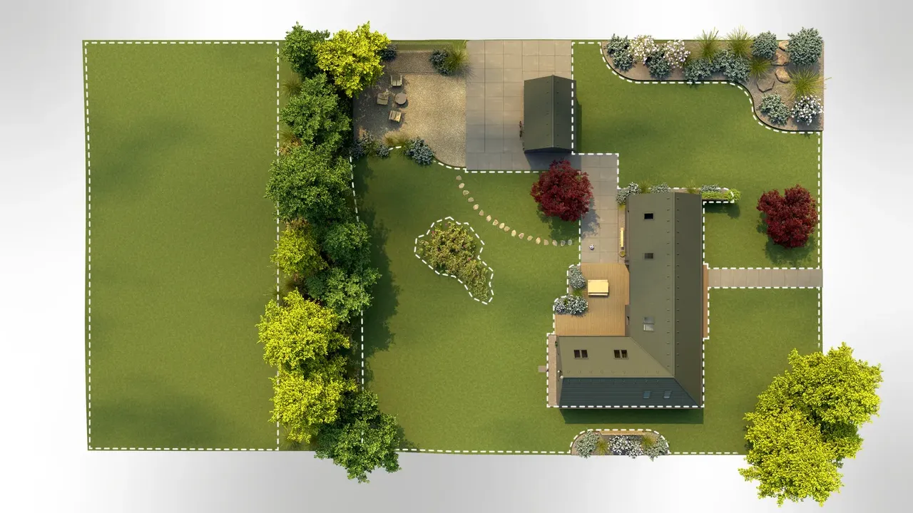 Вид зверху на ландшафтний сад з доріжками, деревами та будинком.
